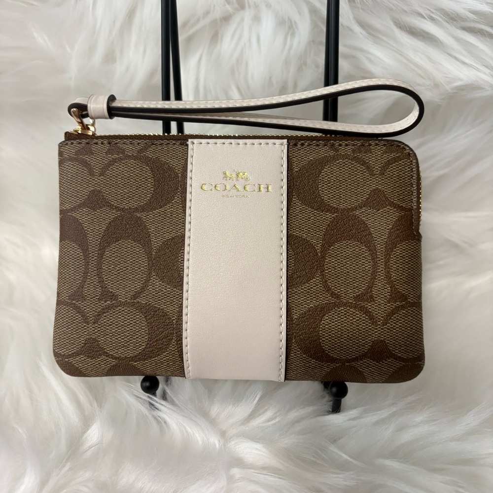 Coach Signature Brown and Cream Wristlet - NWT